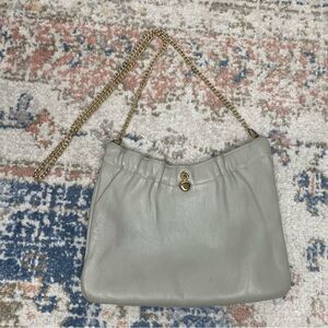 VINTAGE- Taupe Gray Ande Leather Handbag Gold Tone Chain 10” by 7”